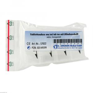 TABLETTENDOSE mo/mi/ab/na m.Blindenschr.weiß tran.